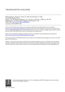 Michelangelo in Florence: 'David' in 1503 and 'Hercules' in 1506 Author(S): Michael Hirst Source: the Burlington Magazine, Vol