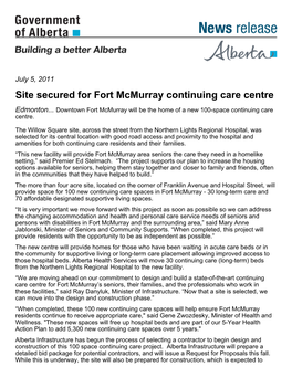 Site Secured for Fort Mcmurray Continuing Care Centre