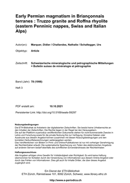 Early Permian Magmatism in Briançonnais Terranes : Truzzo Granite and Roffna Rhyolite (Eastern Penninic Nappes, Swiss and Italian Alps)
