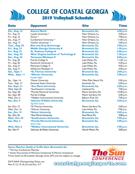 COLLEGE of COASTAL GEORGIA 2019 Volleyball Schedule