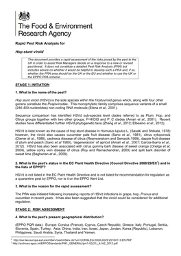 Rapid Pest Risk Analysis for Hop Stunt Viroid