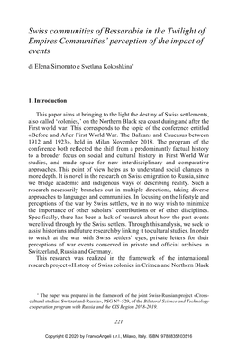 Swiss Communities of Bessarabia in the Twilight of Empires Communities’ Perception of the Impact of Events Di Elena Simonato E Svetlana Kokoshkina∗