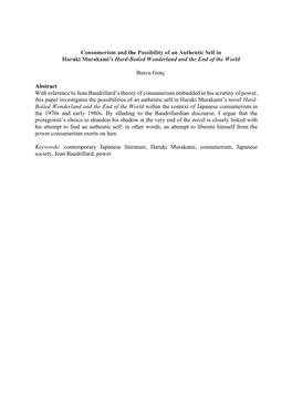 Consumerism and the Possibility of an Authentic Self in Haruki Murakami’S Hard-Boiled Wonderland and the End of the World
