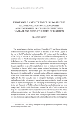 From Noble Knights to Polish Warriors? Reconfigurations of Masculinities and Femininities in Polish Revolutionary Warfare and During the Times of Partition