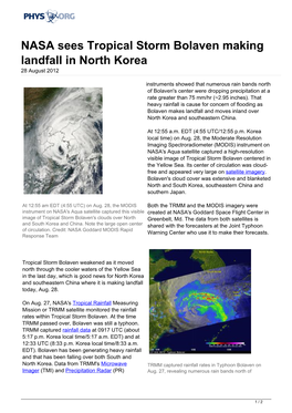 NASA Sees Tropical Storm Bolaven Making Landfall in North Korea 28 August 2012