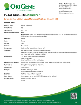 Serum Amyloid a (SAA1) Mouse Monoclonal Antibody [Clone ID: 585] Product Data