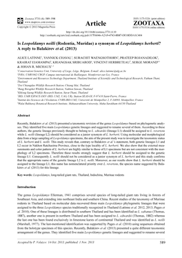 Is Leopoldamys Neilli (Rodentia, Muridae) a Synonym of Leopoldamys Herberti? a Reply to Balakirev Et Al