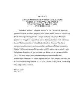 Conversations Motivated by Love, Based in Wisdom, and Seasoned with Grace: Rhetorically Tracing “The Talk” African American Parents Have with Their Sons