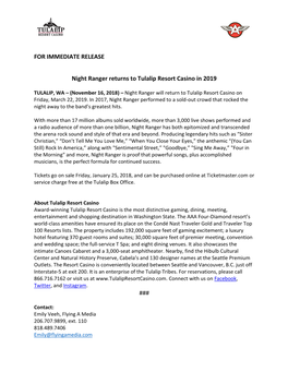 FOR IMMEDIATE RELEASE Night Ranger