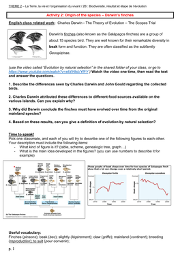 P. 1 Activity 2: Origin of the Species – Darwin's Finches