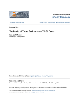 The Reality of Virtual Environments: WPE II Paper