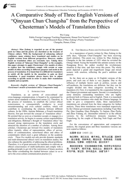 Qinyuan Chun·Changsha” from the Perspective of Chesterman’S Models of Translation Ethics