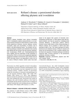 Refsum's Disease: a Peroxisomal Disorder Affecting Phytanic Acid A-Oxidation