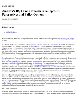 Amazon's HQ2 and Economic Development: Perspectives and Policy Options