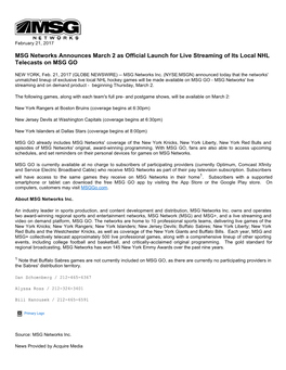 MSG Networks Announces March 2 As Official Launch for Live Streaming of Its Local NHL Telecasts on MSG GO