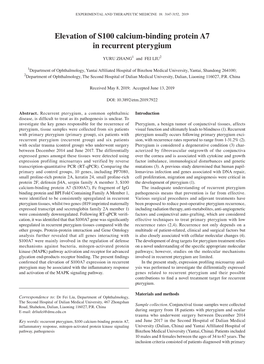 Elevation of S100 Calcium‑Binding Protein A7 in Recurrent Pterygium