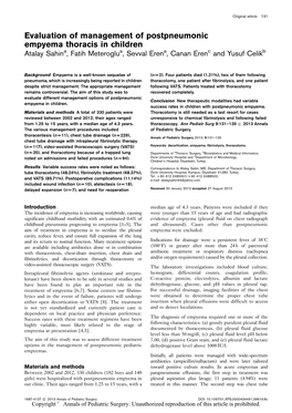 Evaluation of Management of Postpneumonic Empyema Thoracis in Children Atalay Sahina, Fatih Meteroglua, Sevval Erena, Canan Erenc and Yusuf Celikb