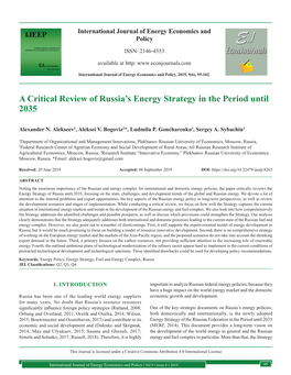 A Critical Review of Russia's Energy Strategy in the Period Until 2035