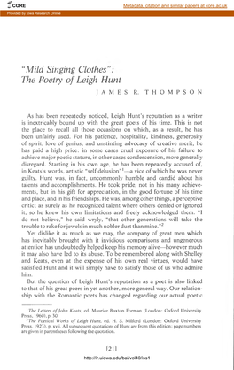 'Mild Singing Clothes:' the Poetry of Leigh Hunt