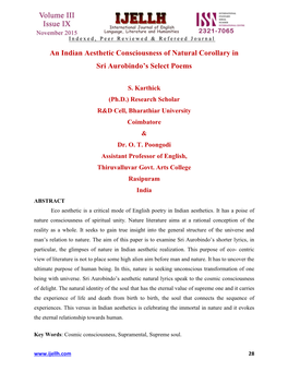 An Indian Aesthetic Consciousness of Natural Corollary in Sri Aurobindo's