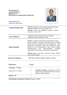 Ms. Suranya G Assistant Professor Department of Electronics & Communication Engineering