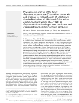 Phylogenomic Analysis of the Family Peptostreptococcaceae (Clostridium Cluster XI) and Proposal for Reclassification of Clostridium Litorale (Fendrich Et Al