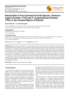 Natural Diet of Two Commercial Crab Species, Portunus Segnis (Forskål, 1775) and P