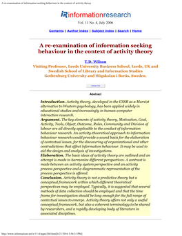 A Re-Examination of Information Seeking Behaviour in the Context of Activity Theory