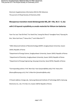 Mesoporous Transition Metal Dichalcogenide ME2 (M = Mo, W; E = S, Se)