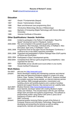 Resume of Richard T Jones Email:Richard@Mechanicalcat.Net