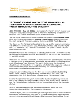 73Rd EMMY® AWARDS NOMINATIONS ANNOUNCED AS TELEVISION ACADEMY CELEBRATES EXCEPTIONAL TALENT THROUGHOUT the INDUSTRY