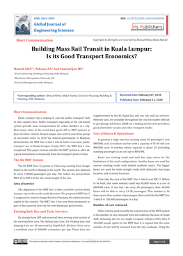 Building Mass Rail Transit in Kuala Lumpur:Is Its Good Transport Economics?
