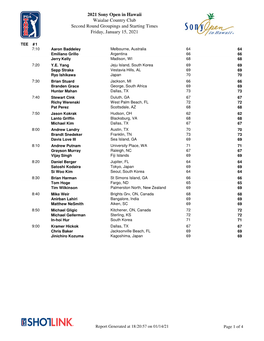 2021 Sony Open in Hawaii Waialae Country Club Second Round Groupings and Starting Times Friday, January 15, 2021