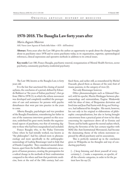 1978-2018. the Basaglia Law Forty Years After Mario Augusto Maieron ASL Varese (Now Agenzia Di Tutela Della Salute – ATS - Dell’Insubria)