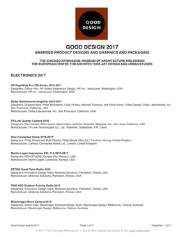 Good Design Awards 2017 Page 1 of 77 December 1, 2017 © 2017 the Chicago Athenaeum - Use of This Website As Stated in Our Legal Statement