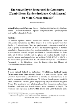 Un Nouvel Hybride Naturel De Catasetum (Cymbidieae, Epidendroideae, Orchidaceae) Du Mato Grosso (Brésil)A