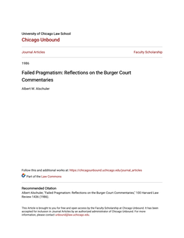 Failed Pragmatism: Reflections on the Burger Court Commentaries