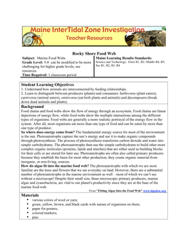 Rocky Shore Food Web Student Learning Objectives Background