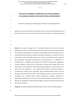 (130) Twins and Rutile Precipitates in Chrysoberyl Crystals from Rio Das