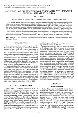 Bionomics of Culex Epidesmus Associated with Japanese Encephalitis Virus in India