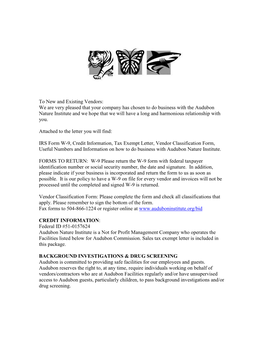 To New and Existing Vendors: We Are Very Pleased That Your Company Has Chosen to Do Business with the Audubon Nature Institute