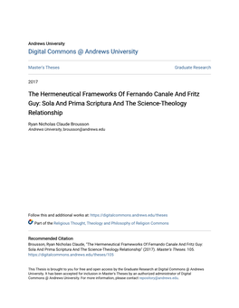 The Hermeneutical Frameworks of Fernando Canale and Fritz Guy: Sola and Prima Scriptura and the Science-Theology Relationship
