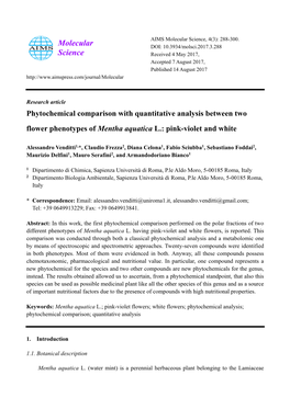 Phytochemical Comparison with Quantitative Analysis Between Two Flower Phenotypes of Mentha Aquatica L.: Pink-Violet and White