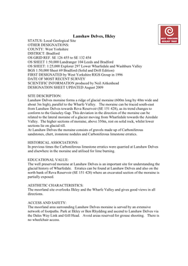 Lanshaw Delves, Ilkley STATUS: Local Geological Site OTHER DESIGNATIONS: COUNTY: West Yorkshire DISTRICT: Bradford OS GRID REF