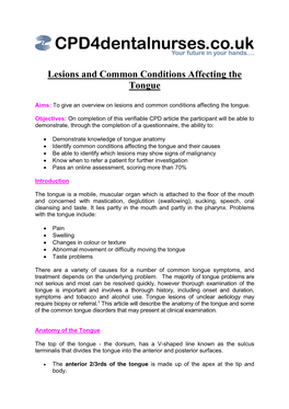 Lesions and Common Conditions Affecting the Tongue