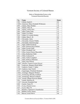 Vermont Society of Colonial Dames, Index of Membership Forms at The