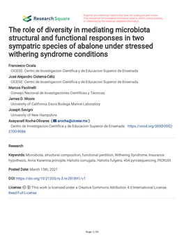 The Role of Diversity in Mediating Microbiota Structural and Functional Responses in Two Sympatric Species of Abalone Under Stressed Withering Syndrome Conditions