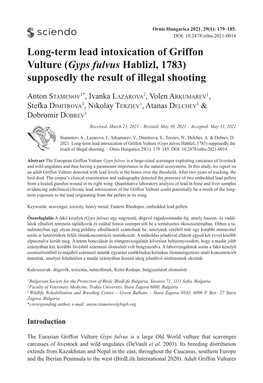 Long-Term Lead Intoxication of Griffon Vulture (Gyps Fulvus Hablizl, 1783) Supposedly the Result of Illegal Shooting