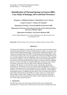 Identification of Thermal Springs in Eastern DRC, Case Study of Katanga, Kivu and Ituri Provinces