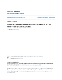 Neogene Drainage Reversal and Colorado Plateau Uplift in the Salt River Area